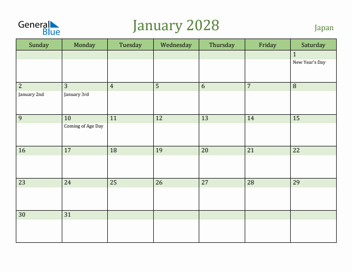 January 2028 Calendar with Japan Holidays