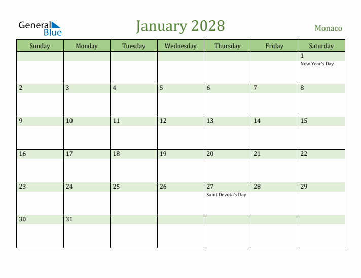 January 2028 Calendar with Monaco Holidays