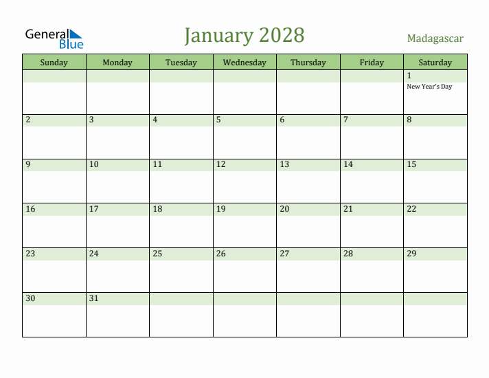 January 2028 Calendar with Madagascar Holidays