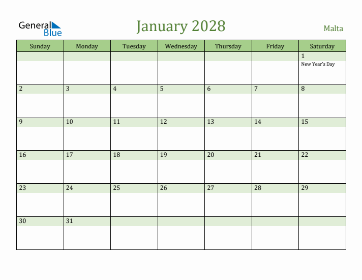January 2028 Calendar with Malta Holidays