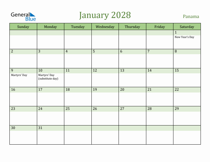 January 2028 Calendar with Panama Holidays
