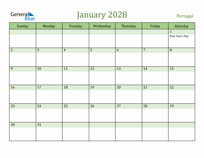 January 2028 Calendar with Portugal Holidays