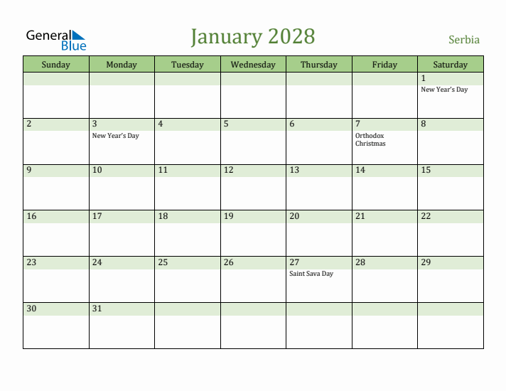 January 2028 Calendar with Serbia Holidays