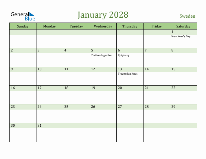 January 2028 Calendar with Sweden Holidays