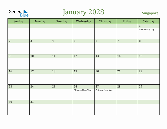 January 2028 Calendar with Singapore Holidays