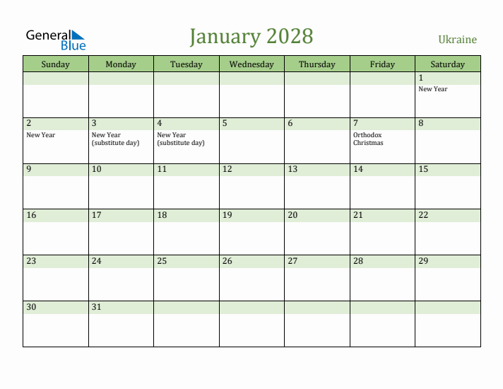 January 2028 Calendar with Ukraine Holidays