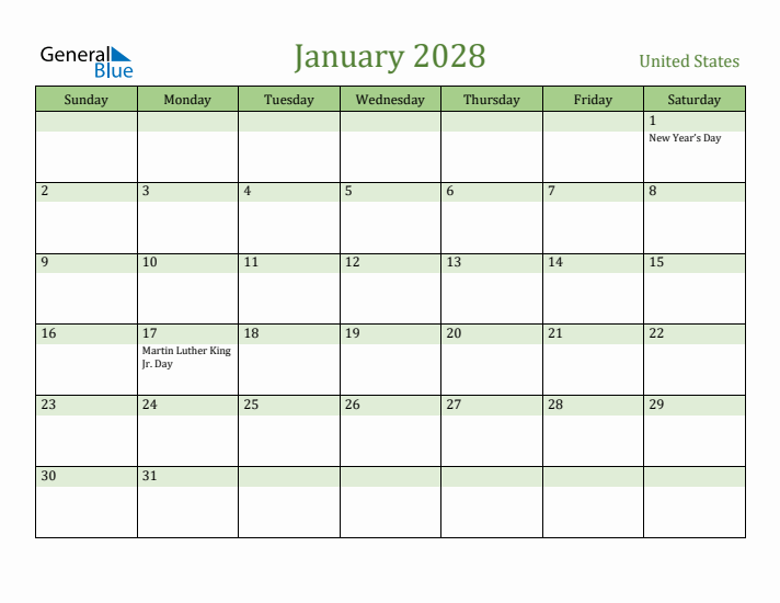 January 2028 Calendar with United States Holidays