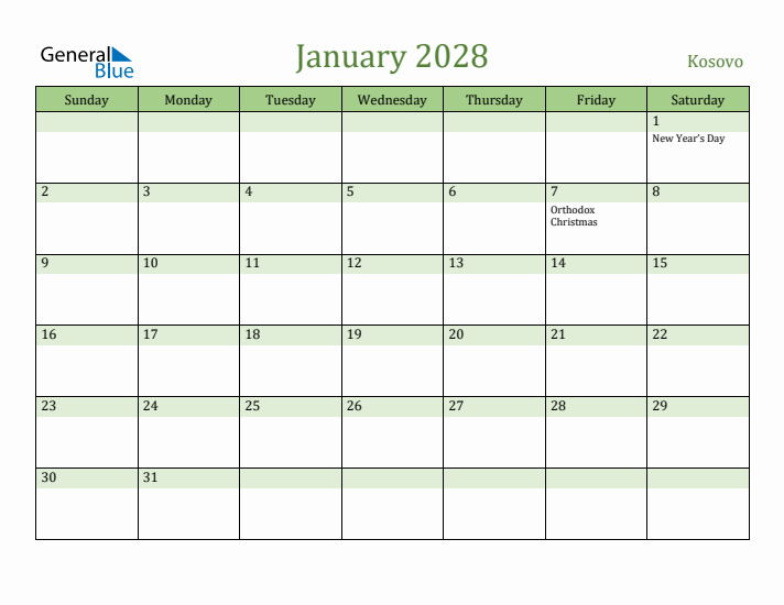 January 2028 Calendar with Kosovo Holidays
