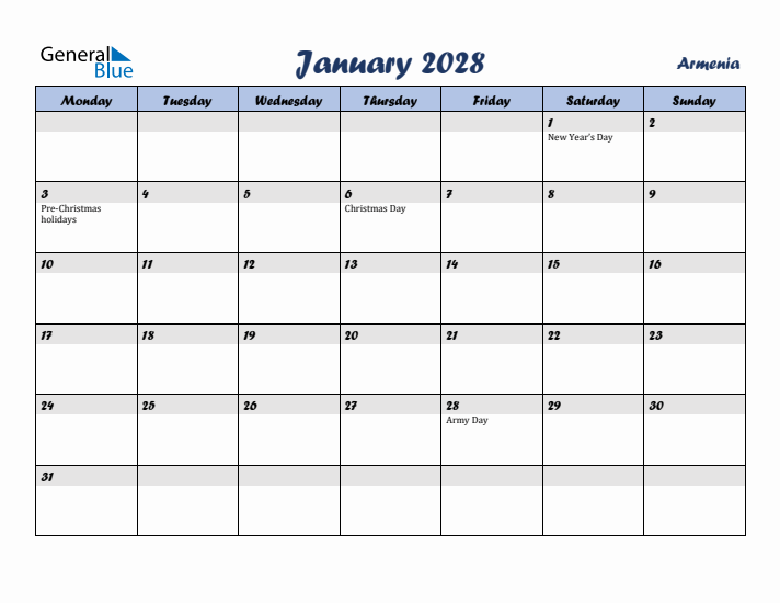 January 2028 Calendar with Holidays in Armenia