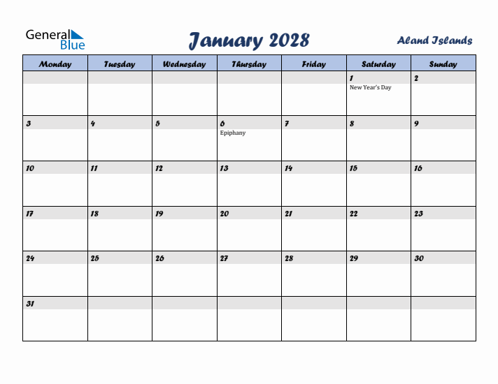 January 2028 Calendar with Holidays in Aland Islands