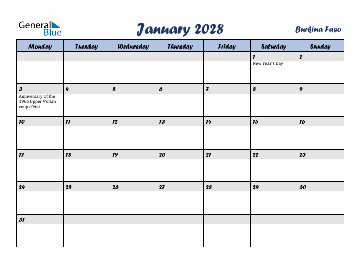 January 2028 Calendar with Holidays in Burkina Faso