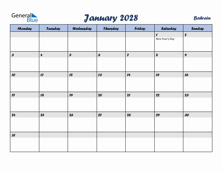 January 2028 Calendar with Holidays in Bahrain