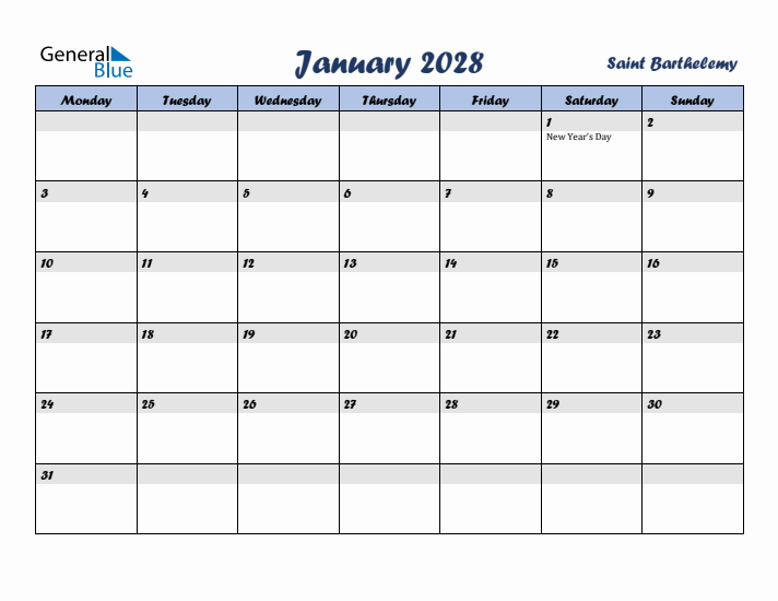 January 2028 Calendar with Holidays in Saint Barthelemy