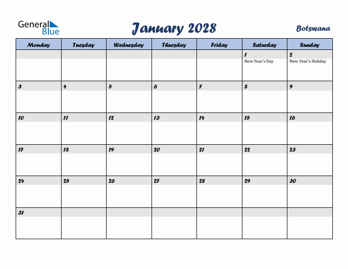 January 2028 Calendar with Holidays in Botswana