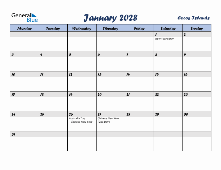 January 2028 Calendar with Holidays in Cocos Islands