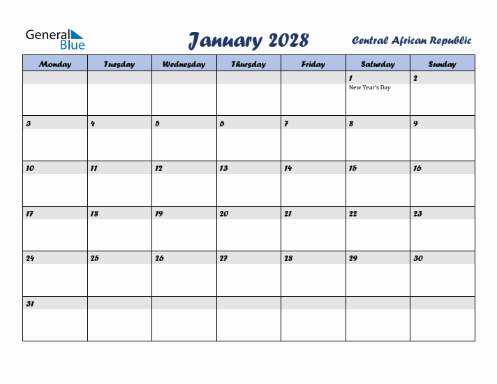 January 2028 Calendar with Holidays in Central African Republic