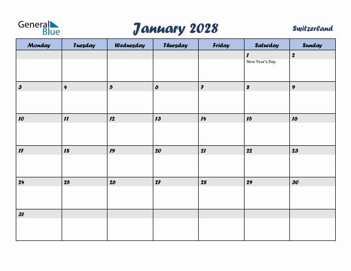 January 2028 Calendar with Holidays in Switzerland