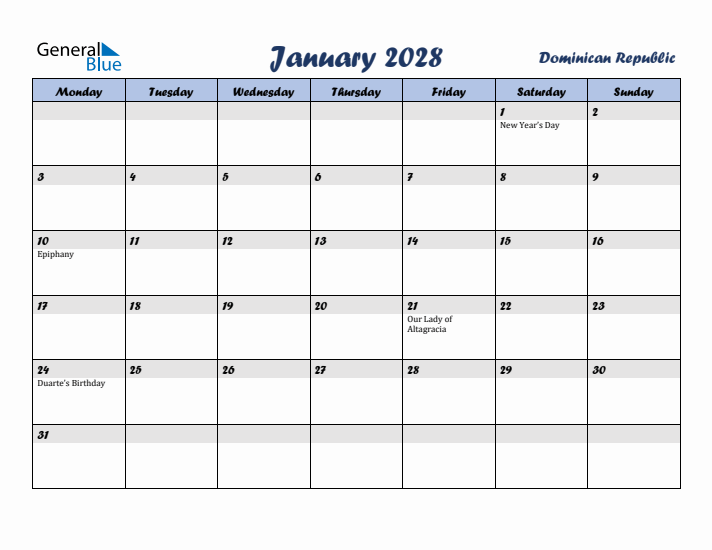 January 2028 Calendar with Holidays in Dominican Republic