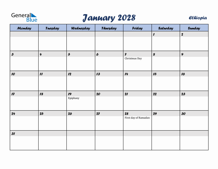 January 2028 Calendar with Holidays in Ethiopia