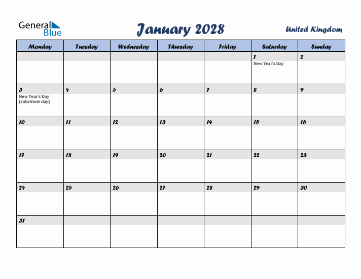 January 2028 Calendar with Holidays in United Kingdom