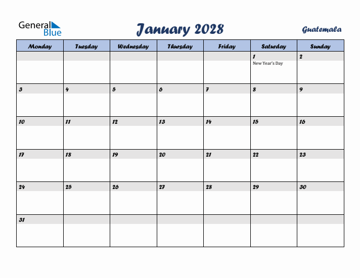 January 2028 Calendar with Holidays in Guatemala