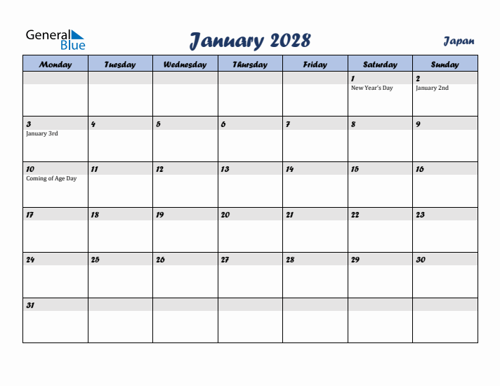 January 2028 Calendar with Holidays in Japan