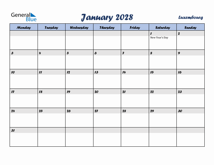 January 2028 Calendar with Holidays in Luxembourg