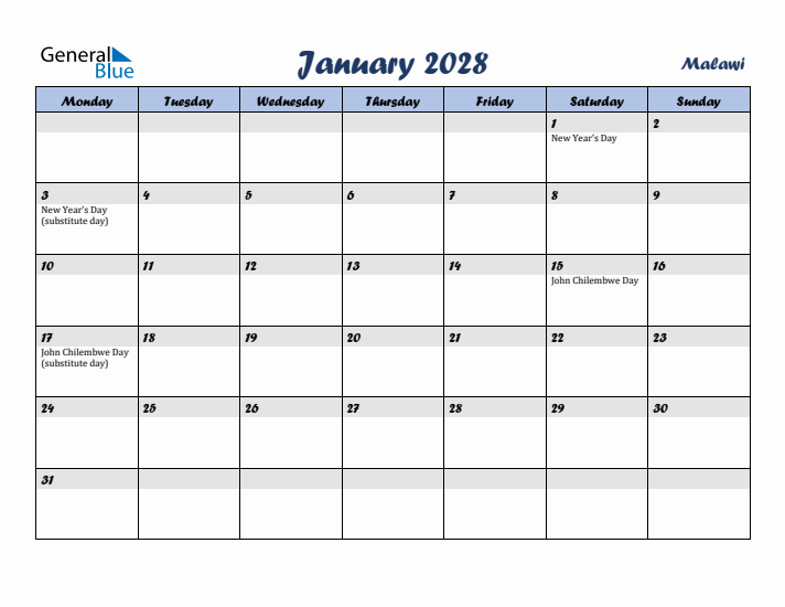 January 2028 Calendar with Holidays in Malawi