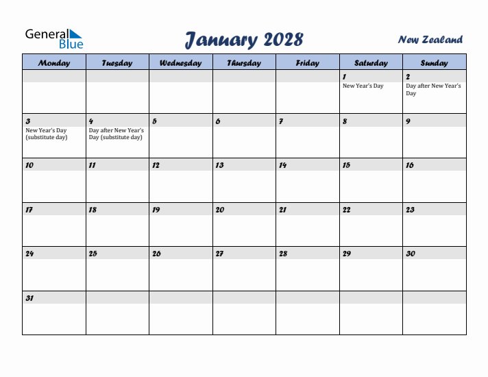 January 2028 Calendar with Holidays in New Zealand