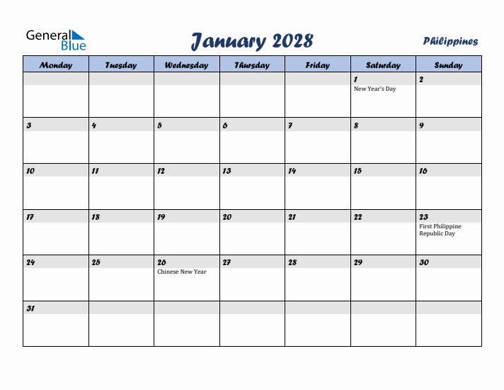 January 2028 Calendar with Holidays in Philippines