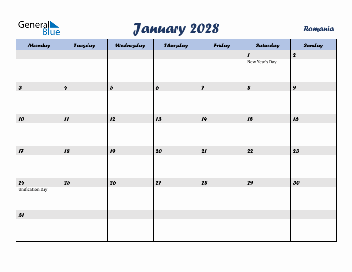 January 2028 Calendar with Holidays in Romania