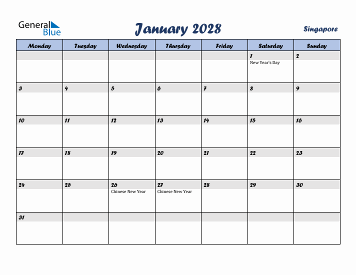 January 2028 Calendar with Holidays in Singapore