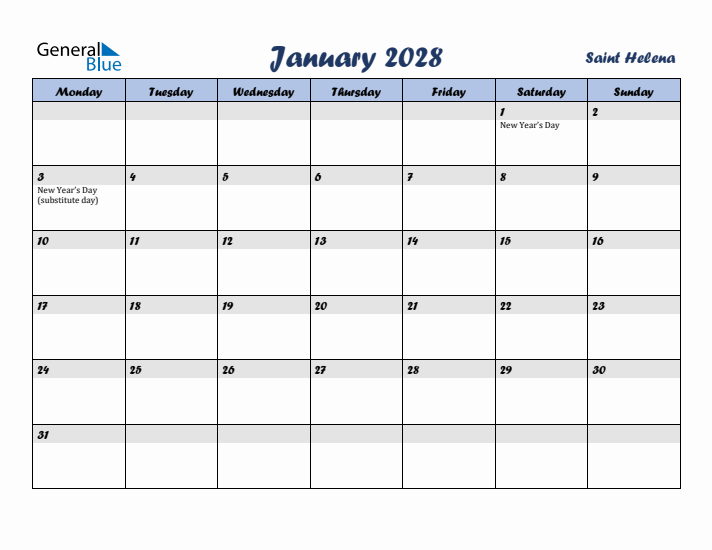 January 2028 Calendar with Holidays in Saint Helena