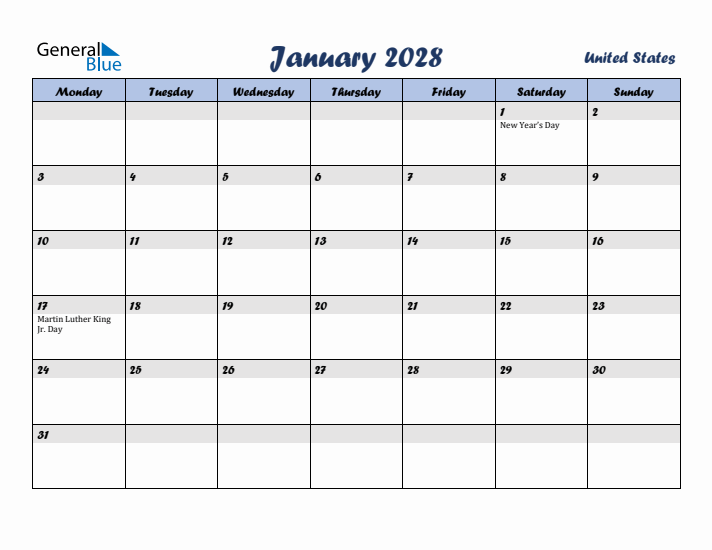 January 2028 Calendar with Holidays in United States