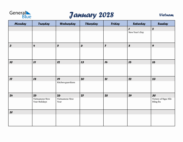 January 2028 Calendar with Holidays in Vietnam