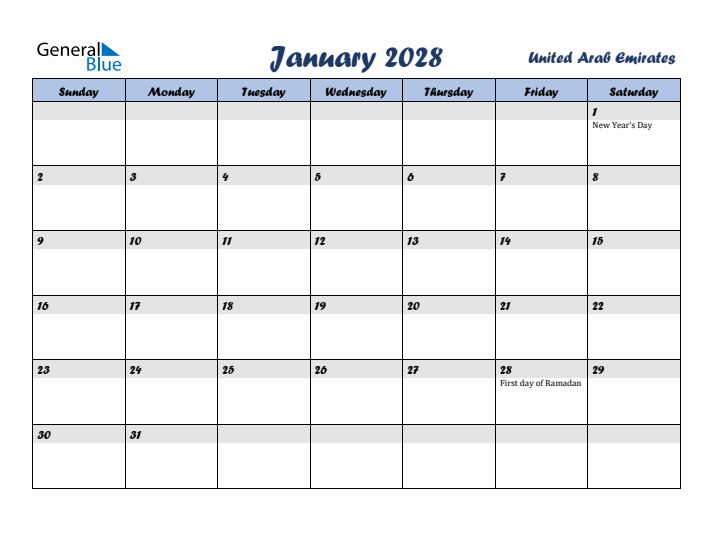 January 2028 Calendar with Holidays in United Arab Emirates