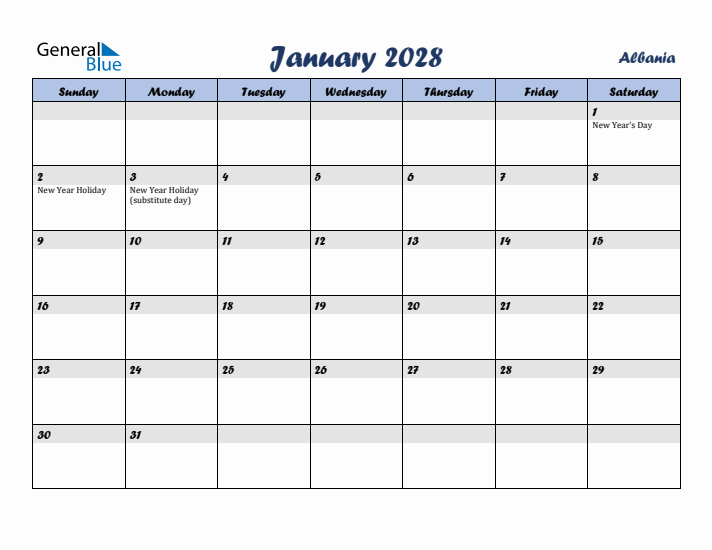 January 2028 Calendar with Holidays in Albania