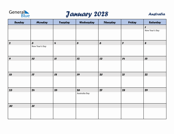 January 2028 Calendar with Holidays in Australia