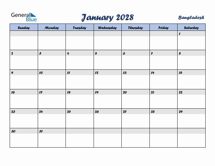 January 2028 Calendar with Holidays in Bangladesh