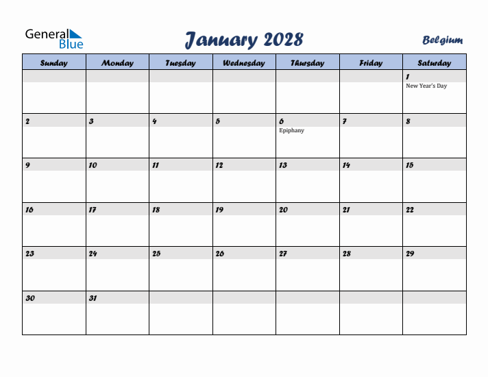 January 2028 Calendar with Holidays in Belgium