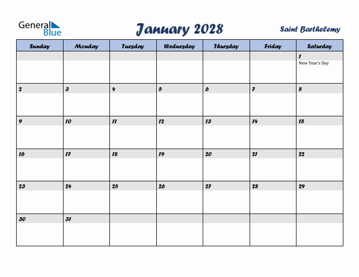 January 2028 Calendar with Holidays in Saint Barthelemy