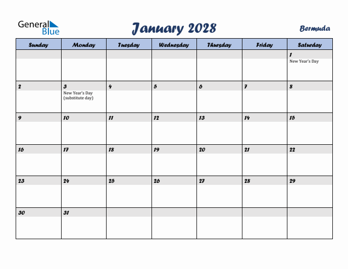 January 2028 Calendar with Holidays in Bermuda