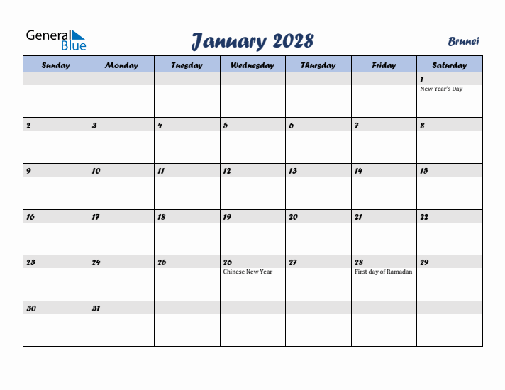 January 2028 Calendar with Holidays in Brunei