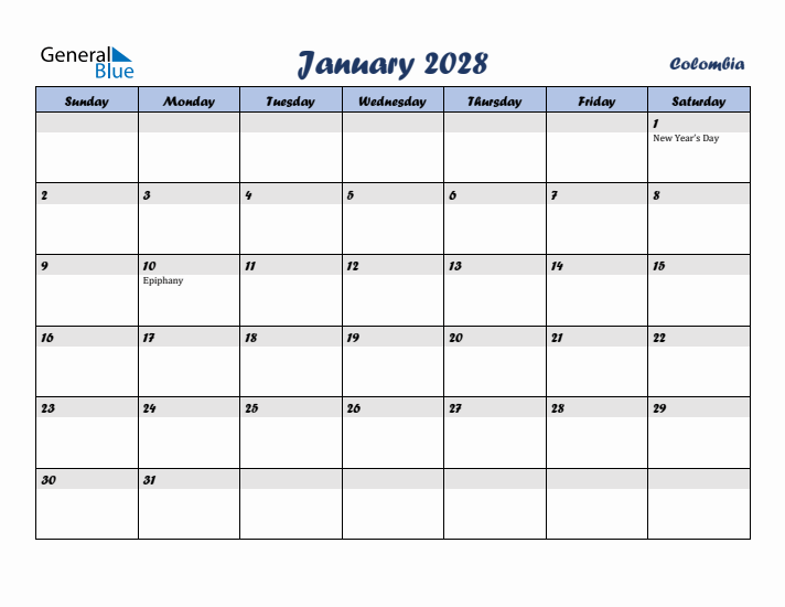 January 2028 Calendar with Holidays in Colombia