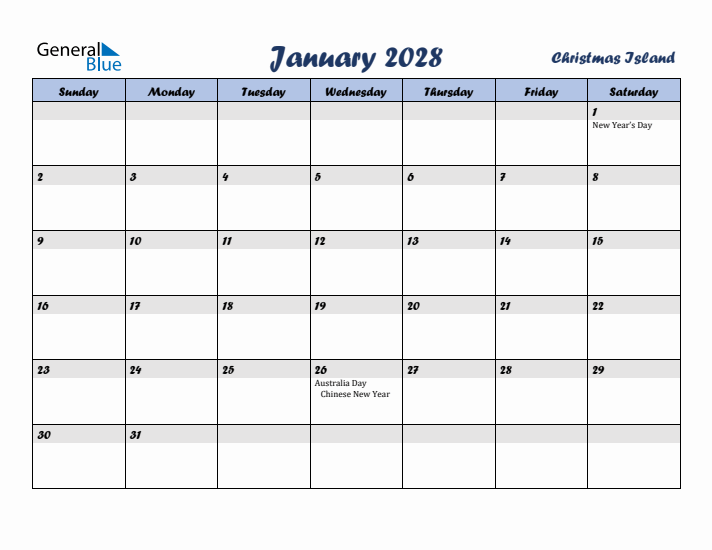 January 2028 Calendar with Holidays in Christmas Island