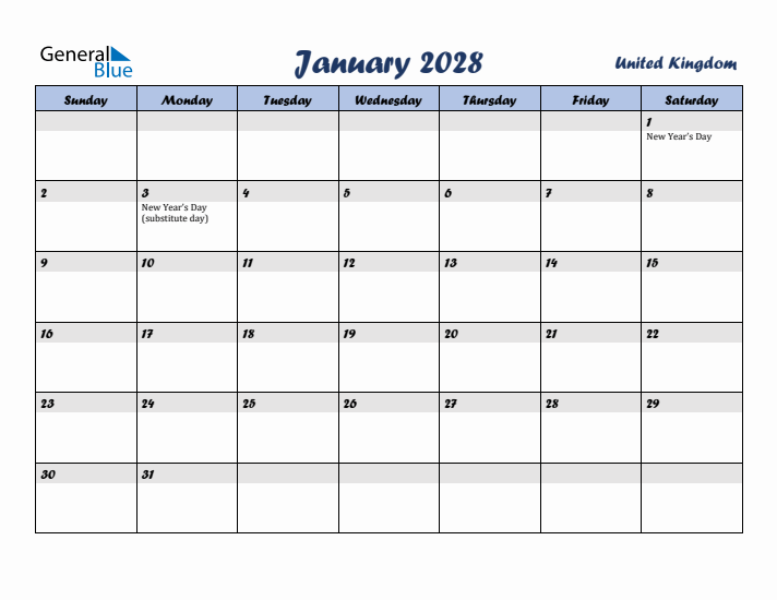 January 2028 Calendar with Holidays in United Kingdom