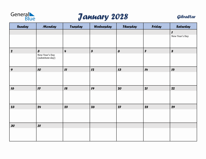 January 2028 Calendar with Holidays in Gibraltar