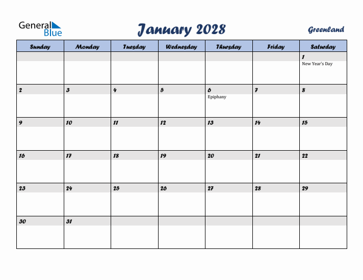 January 2028 Calendar with Holidays in Greenland