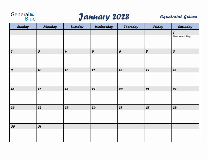 January 2028 Calendar with Holidays in Equatorial Guinea