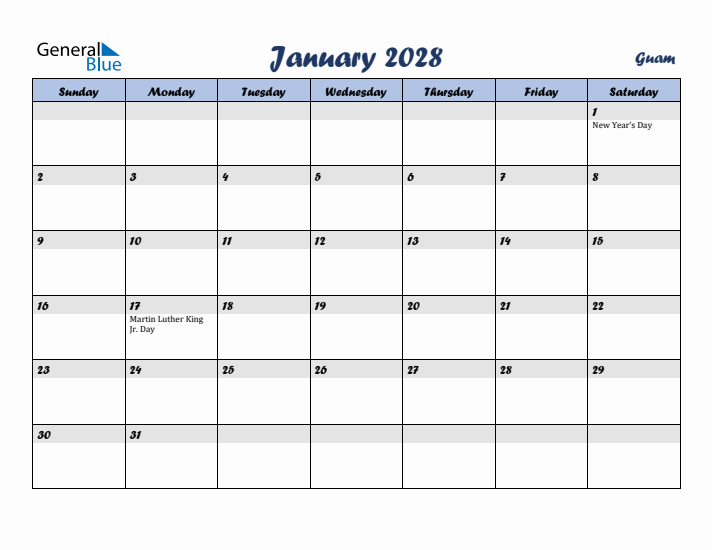 January 2028 Calendar with Holidays in Guam